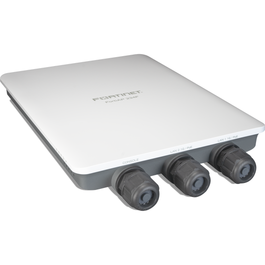 FortiAP-234F Outdoor Wirelss AP - Tri radio (802.11 b/g/n/ax 2x2 MU-MIMO, 802.11 a/n/ac/ax 2x2 MU-MIMO and 1x 802.11 a/b/g/n/ac Wave 2, 1x1 ), internal antennas, 2x 10/100/1000 RJ45 port, BT/BLE, Console Port (RJ45). Pole/wall mount kit and  [FAP-234F-EO]