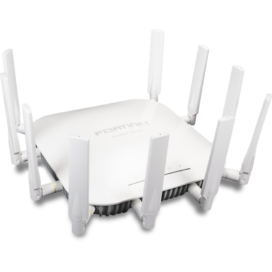 FortiAP-U433F Indoor Wireless Universal AP - Tri radio (2x 802.11 a/b/g/n/ac/ax, 4x4 MIMO and 1x 802.11 a/b/g/n/ac Wave 2, 2x2 MU-MIMO), external antennas included, 1x 100/1000/2500 Base-T RJ45, 1x 10/100/1000 Base-T RJ45, BT/BLE, 1x Type A  [FAP-U433F-E]