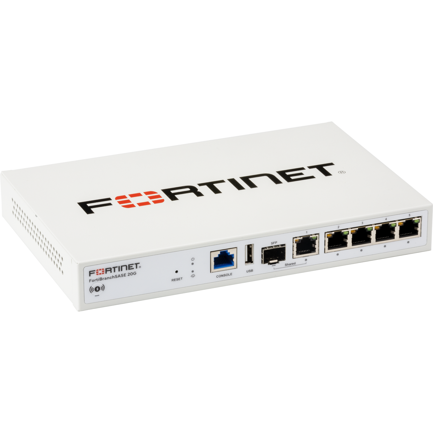 FortiBranchSASE-20G indoor desktop/wall mount FortiSASE extension device, designed specifically to quickly provide connectivity and security to small branch offices, delivered from FortiSASE, via L2 tunnel. 1x GbE Combo (SFP + RJ45) + 4x GbE RJ4 [FBS-20G]