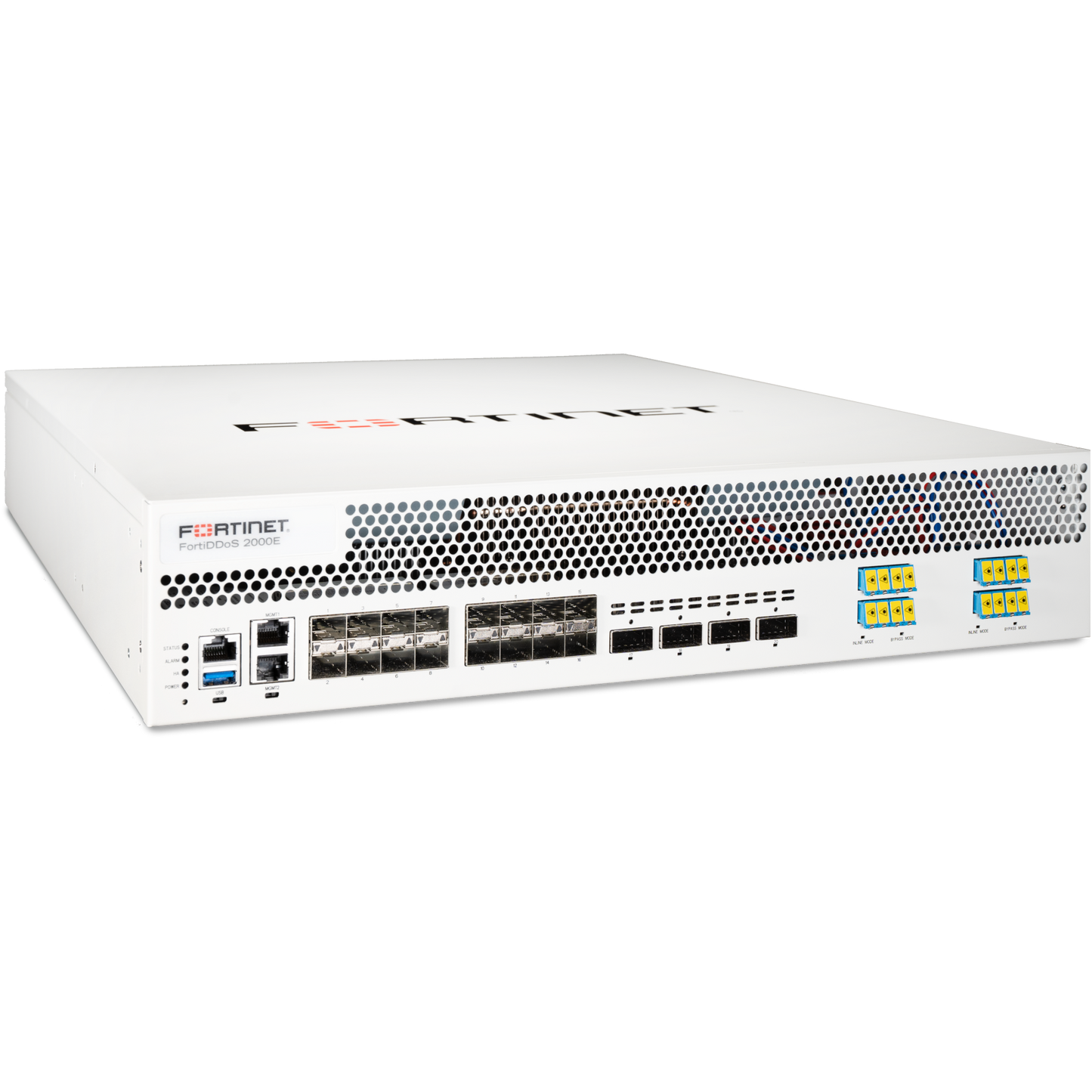 FortiDDoS-2000E DDoS Protection Appliance -- 10 port-pairs DDoS Defence Ports, including 8 pairs x 10 GE SFP+ or GE SFP and 2 pairs x 40 GE QSFP+ or 100 GE QSFP28, with 2-link optical bypass module used with SM DR/LR/ER/ZR (1310/15550nm) trans [FDD-2000E]