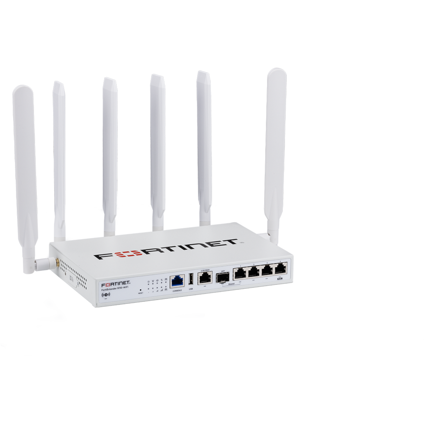 FortiExtender-511G-WIFI Indoor Broadband Wireless WAN Router with 1x "Dual SIM 5G Sub-6GHz M.2 Module" + 1x reserved eSIM for NA/EU/APAC Carriers. It has 1x 2.5GbE + 1x GbE Combo (SFP + RJ45) + 3x GbE RJ45 WAN/LAN configurable network po [FEX-511G-WIFI-I]