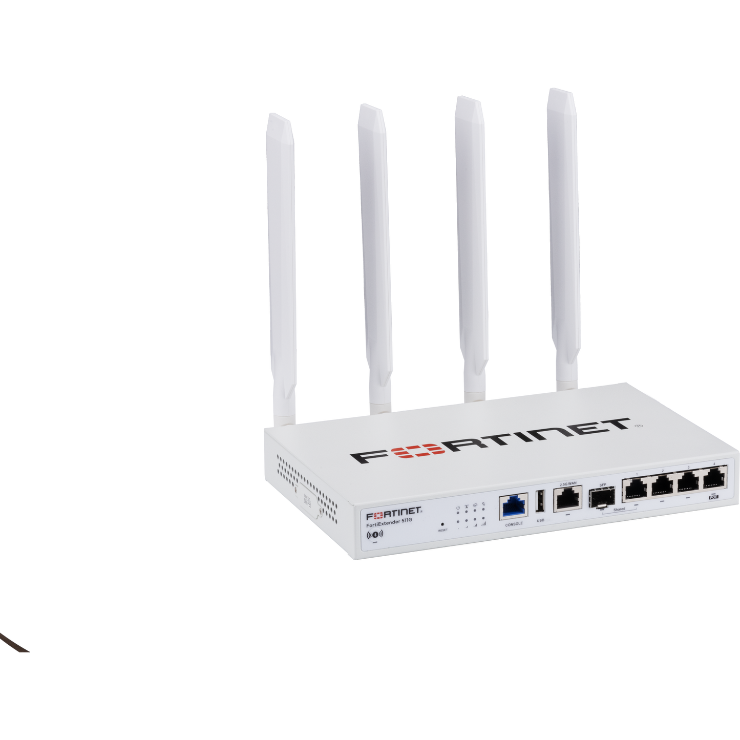 FortiExtender-511G-WIFI Indoor Broadband Wireless WAN Router with 1x "Dual SIM 5G Sub-6GHz M.2 Module" + 1x reserved eSIM for NA/EU/APAC Carriers. It has 1x 2.5GbE + 1x GbE Combo (SFP + RJ45) + 3x GbE RJ45 WAN/LAN configurable network po [FEX-511G-WIFI-N]
