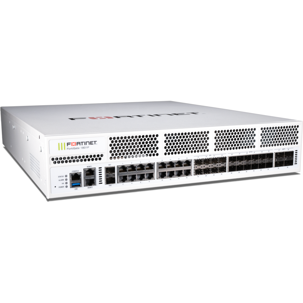 FortiGate-1801F-DC 4x 100GE/40GE QSFP28 slots, 12x 25GE SFP28 /10GE SFP+ slots, 2x 10GE SFP+ HA slots, 8x GE SFP slots, 18x GE RJ45 ports, 2x 960GB on board SSD storage. SPU NP7 and CP9 accelerated, dual DC power supplies [FG-1801F-DC]