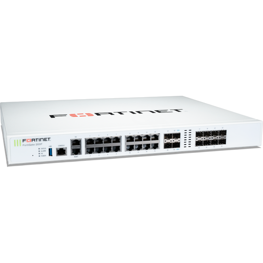 FortiGate-200F 18 x GE RJ45 (including 1 x MGMT port, 1 X HA port, 16 x switch ports), 8 x GE SFP slots, 4 x 10GE SFP+ slots, NP6XLite and CP9 hardware accelerated. [FG-200F]