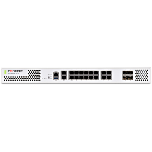 FortiGate-201E 18 x GE RJ45 (including 2 x WAN ports, 1 x MGMT port, 1 X HA port, 14 x switch ports), 4 x GE SFP slots, SPU NP6Lite and CP9 hardware accelerated, 480GB onboard SSD storage. [FG-201E]