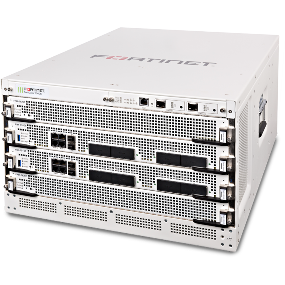FortiGate-7040E-9-DC 6U 4-slot chassis with 2x FPM-7630E Processor Modules, 2x FIM-79xxE-C specified at purchase, 1x Manager Module and 3x hot swappable redundant DC-DC PSU [FG-7040E-9-DC]