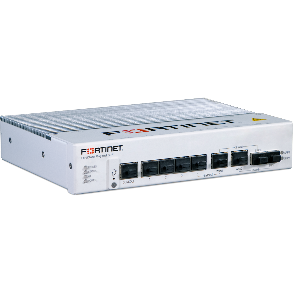 FortiGateRugged-60F Ruggedized, 4 x GE RJ45 Switch ports, 2 x Shared Media pairs (Including 2 x GE RJ45 ports, 2 x SFP slots). 1x RJ45 by-pass can be set up between WAN1 and PORT4. DB9 Serial. [FGR-60F]