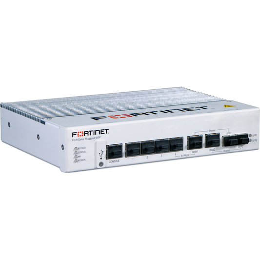 FortiGateRugged-60F Ruggedized, 4 x GE RJ45 Switch ports, 2 x Shared Media pairs (Including 2 x GE RJ45 ports, 2 x SFP slots). 1x RJ45 by-pass can be set up between WAN1 and PORT4. DB9 Serial. [FGR-60F]