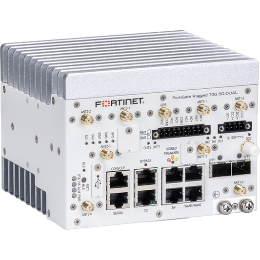 FortiGateRugged-70G-5G-DUAL Ruggedized, indoor, 6x GE RJ45 LAN ports (including  2x GE RJ45 bypass port ), 2x SFP, 1x RJ45 serial port (data), 1x RJ45 serial port (console), 1x USB port, 1x MicroSD card slot, embedded 5G wireless WAN mod [FGR-70G-5G-DUAL]