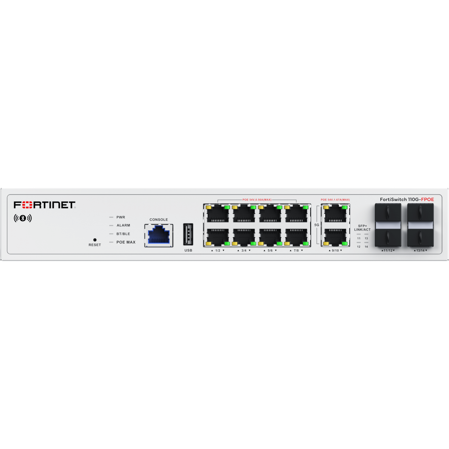 FortiSwitch-110G-FPOE Layer 2 FortiGate switch controller compatible PoE 802.3bt switch with 2x 5G RJ45 with PoE bt, 8x 2.5G RJ45 with PoE af/at and 4x SFP+ ports. Fanless. Max 200W PoE output limit. [FS-110G-FPOE]