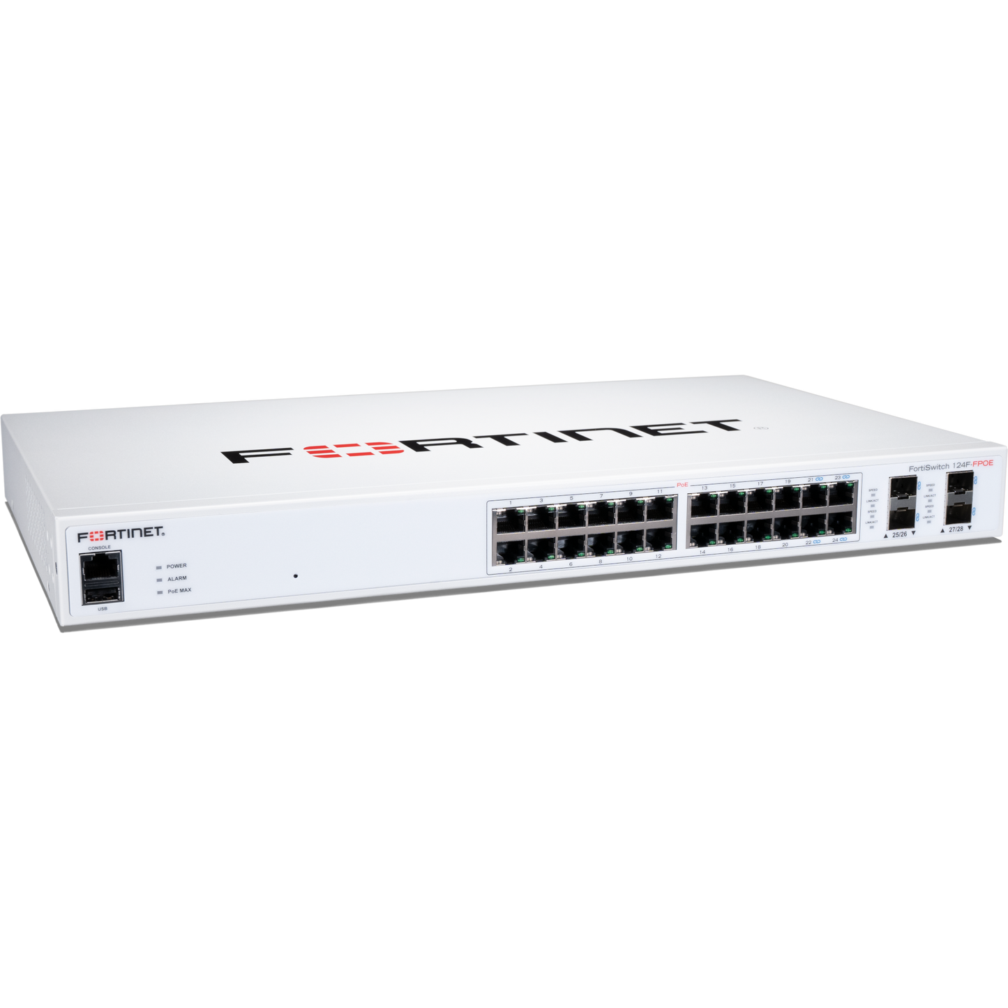 FortiSwitch-124F-FPOE Layer 2 FortiGate switch controller compatible PoE+ switch with 24x 1G RJ45 with PoE+ and 4x 10G/1G SFP+/SFP ports and 1x RJ45 console port. Max 370W PoE output limit with smart fan/temperature control. [FS-124F-FPOE]