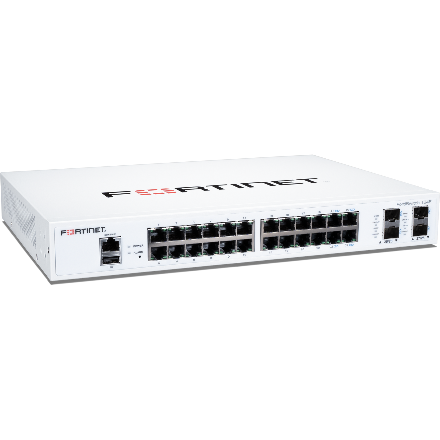 FortiSwitch-124F Layer 2 FortiGate switch controller compatible switch with 24x 1G RJ45 and 4x 10G/1G SFP+/SFP ports and 1x RJ45 console port. Fanless. [FS-124F]