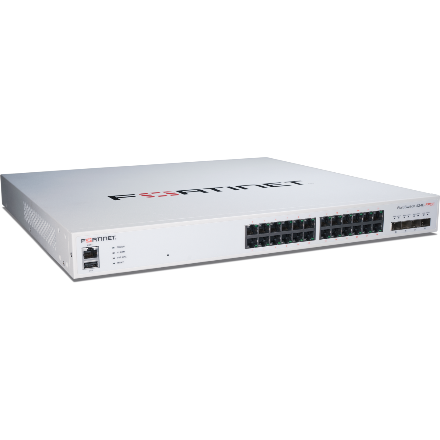 FortiSwitch-424E-FPOE Layer 2/3 FortiGate switch controller compatible PoE+ switch with 24 x GE RJ45 ports, 4 x 10 GE SFP+, with automatic Max 421W POE output limit [FS-424E-FPOE]