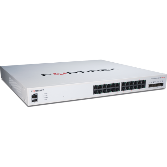 FortiSwitch-424E-FPOE Layer 2/3 FortiGate switch controller compatible PoE+ switch with 24 x GE RJ45 ports, 4 x 10 GE SFP+, with automatic Max 421W POE output limit [FS-424E-FPOE]