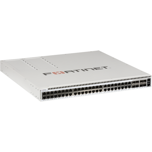 FortiSwitch-648F-FPOE Layer 2/3 FortiGate switch controller compatible PoE 802.3bt switch with 32x 2.5G RJ45 + 16x 5G RJ45 ports, 8x 25G SFP28 and MACSec. Max 1800W POE output limit [FS-648F-FPOE]