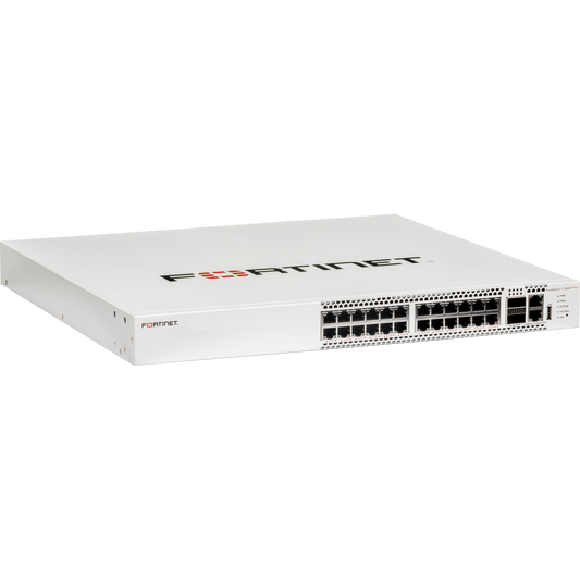 FortiSwitch-T1024F-FPOE Layer 2/3 FortiGate switch controller compatible PoE 802.3bt switch with 24 x 10G/5G/2.5G/1G RJ45 and 2 x 100GE QSFP28 ports. Max 1440W PoE output limit. Dual AC power supplies. [FS-T1024F-FPOE]