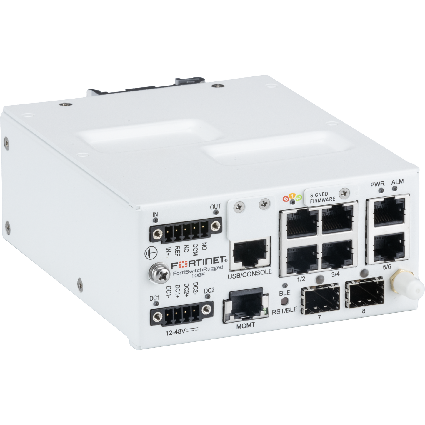 FortiSwitchRugged-108F Layer 2 ruggedized FortiGate switch controller compatible switch with 6x 1GE/100M/10M RJ45 and 2x 1GE/100M SFP. IP40 rating. [FSR-108F]