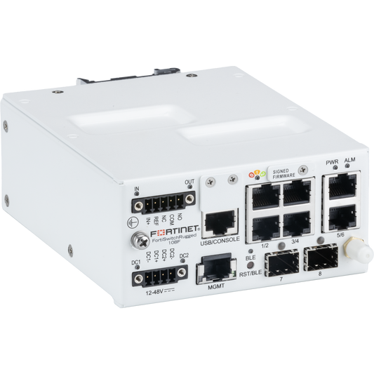 FortiSwitchRugged-108F Layer 2 ruggedized FortiGate switch controller compatible switch with 6x 1GE/100M/10M RJ45 and 2x 1GE/100M SFP. IP40 rating. [FSR-108F]