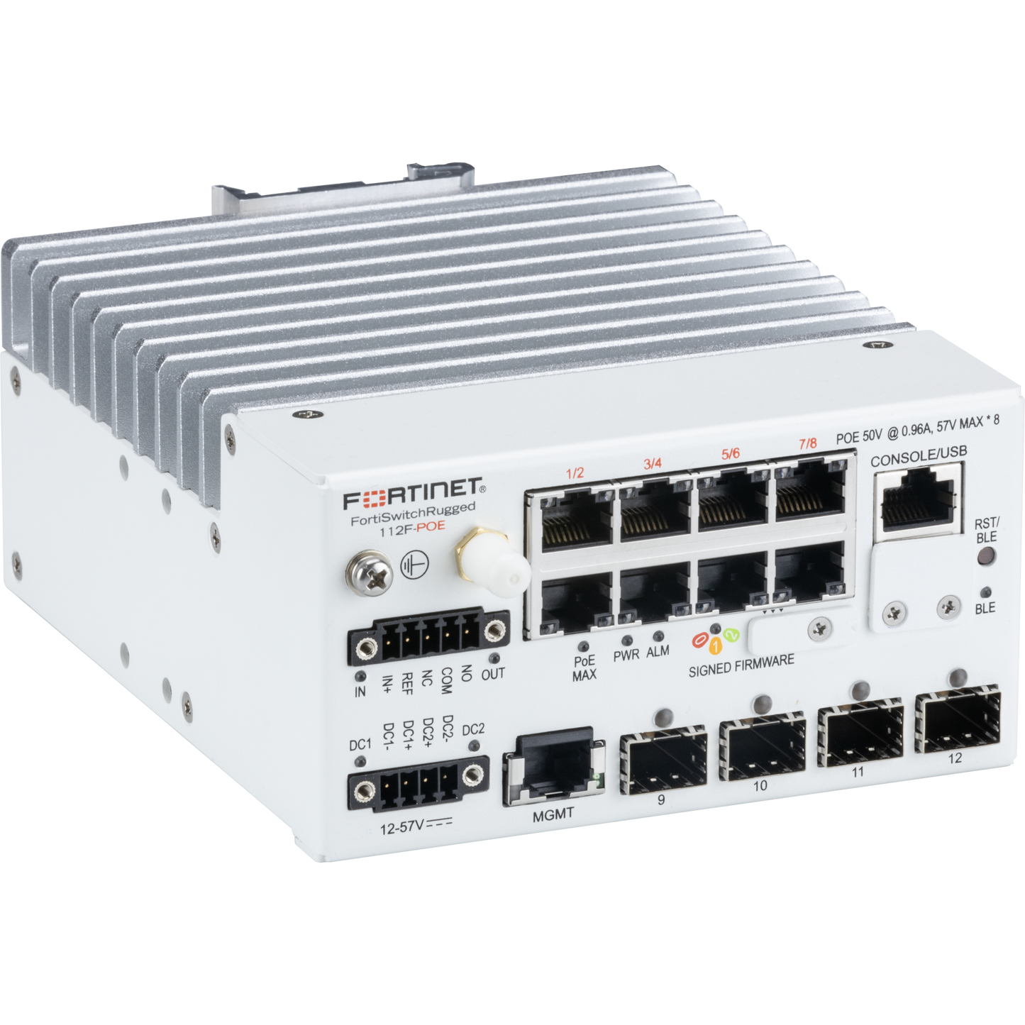 FortiSwitchRugged-112F-POE Layer 2 ruggedized FortiGate switch controller compatible PoE switch with 8 x 1GE/100M/10M RJ45 PoE 802.3bt type 4 (90W) with maximum 240W limit, and 4 x 1G/100M SFP. IP40 rating. [FSR-112F-POE]