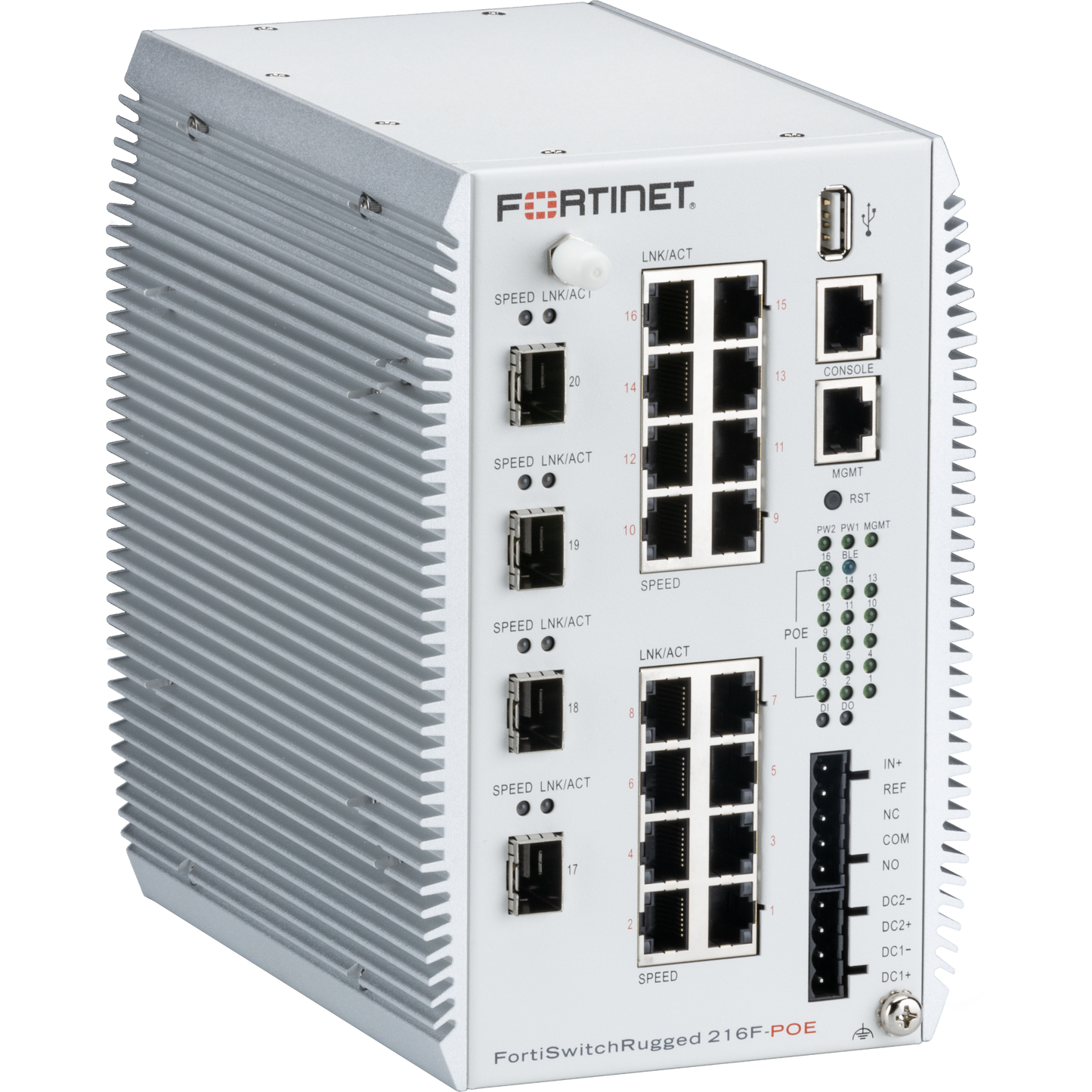 FortiSwitchRugged-216F-POE Layer 2/3 ruggedized FortiGate switch controller compatible PoE switch with 16 x 10M/100M/1GE RJ45 PoE 802.3bt type 4 (90W) with maximum 360W limit, and 4 x 1G/10GE SFP+. IP40 rating [FSR-216F-POE]