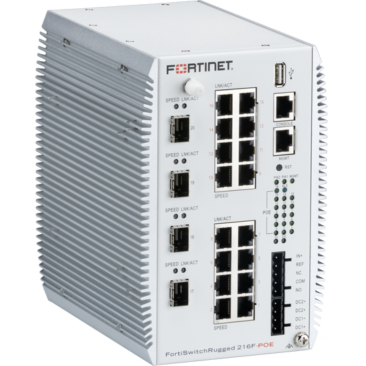 FortiSwitchRugged-216F-POE Layer 2/3 ruggedized FortiGate switch controller compatible PoE switch with 16 x 10M/100M/1GE RJ45 PoE 802.3bt type 4 (90W) with maximum 360W limit, and 4 x 1G/10GE SFP+. IP40 rating [FSR-216F-POE]