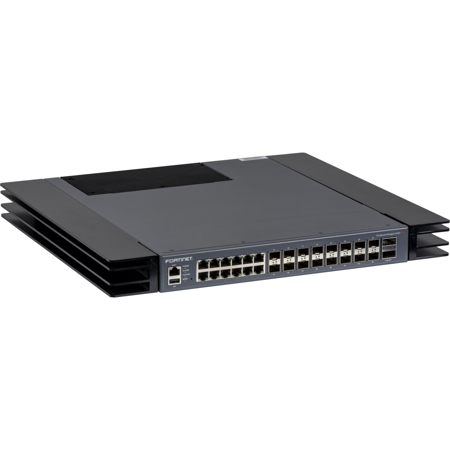 FortiSwitchRugged-424F-POE Layer 2/3 ruggedized FortiGate switch controller compatible switch 12x 2.5 GE RJ45, 12x 2.5 GE SFP+, 4x 10 GE SFP+ and 2x 40 GE QSFP+, 12 port PoE UPOE (60W) with maximum 420W limit. IP40 rating. [FSR-424F-POE]