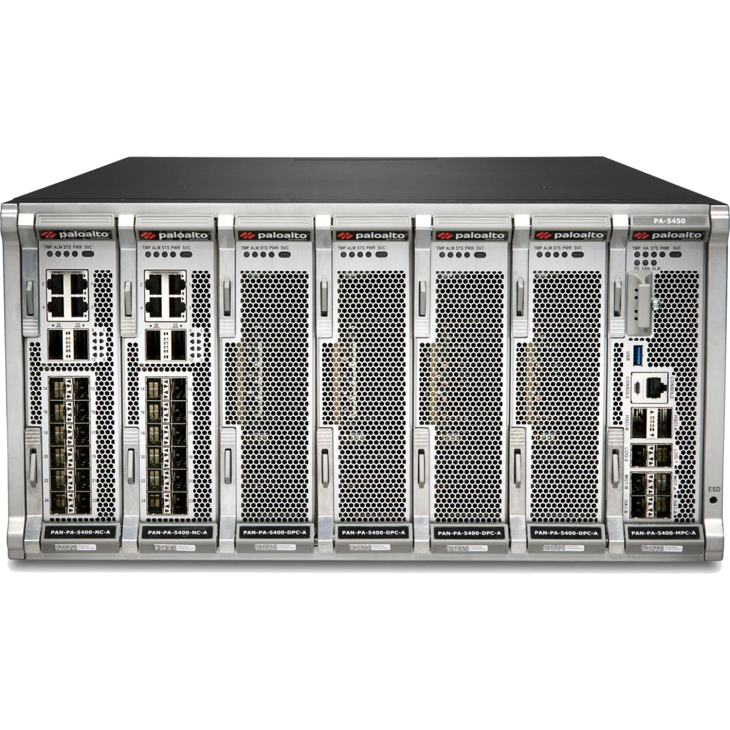 PA-5450 Base AC Hardware Bundle. Includes Chassis, 2xAC power supplies, 4xFans, Base Card, Management Processing Card, and Networking Card, , includes 4 post rack mount kit, for lab use only [PAN-PA-5450-AC-SYS-LAB]