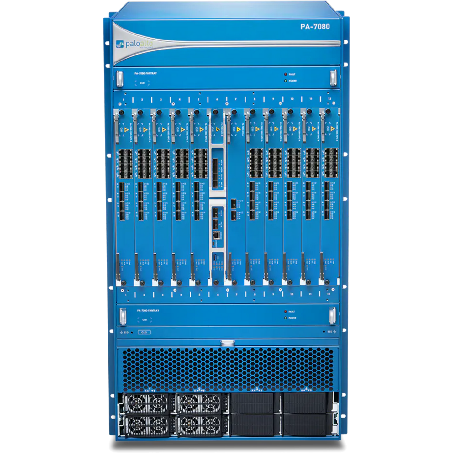 PA-7080 Base DC Hardware Bundle. Includes DC Chassis, 4xDC power supplies, 2xFan Trays, Fan Filter, Switch Management Card, and Logging Card. [PAN-PA-7080-DC-SYS]
